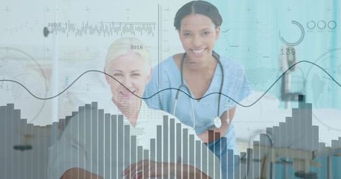 Nurse assisting senior patient with real-time vital signs and health data visualization