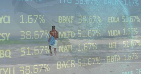 Surfer at Beach with Global Stock Market Overlay