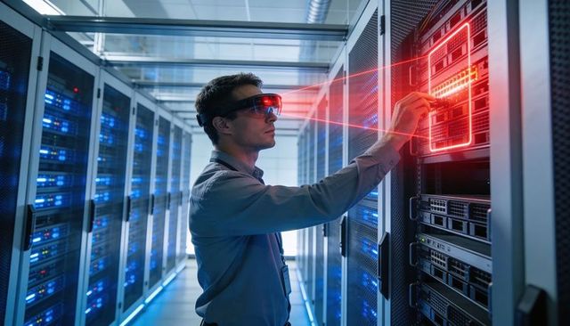 Technician testing data center servers with ar goggles and red holographic interface