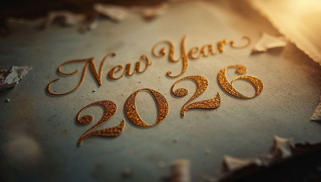 Gold foil New Year 2026 calligraphy on vintage parchment with warm golden glow