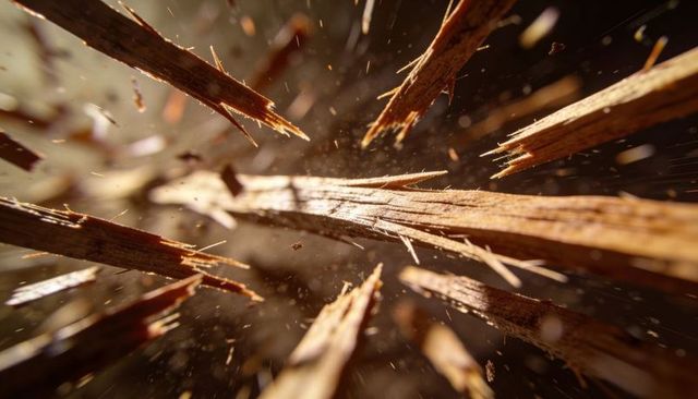 Wood splinter shattering macro close-up radiating shards with flying sawdust and texture