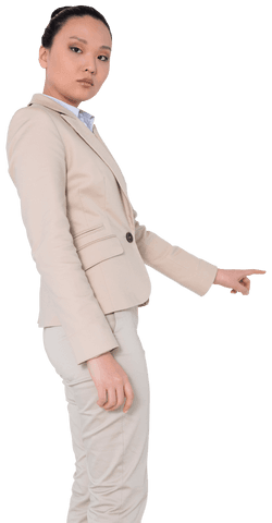 Serious asian businesswoman pointing with determination transparent background