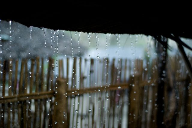 Shows raindrops falling from a roof. Ideal for illustrating weather, rainy days, wet conditions, or natural elements. Perfect for environmental themes, blog posts about rain, or romantic, moody backgrounds.