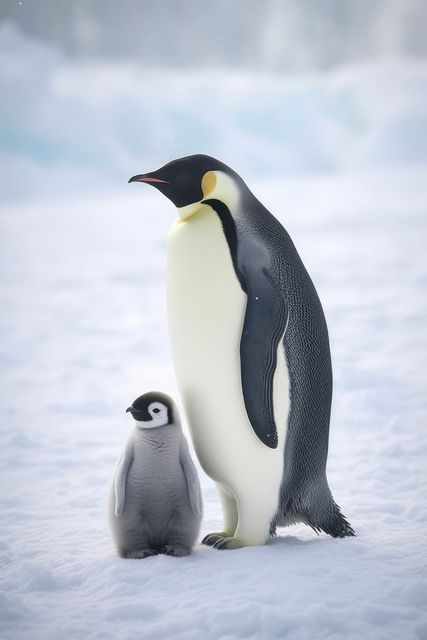 Close up of emperor penguin standing with chick in snow, created using generative ai technology. Nature, animal and wildlife concept digitally generated image.