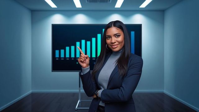 Businesswoman presenting rising bar chart in modern meeting room, pointing to growth