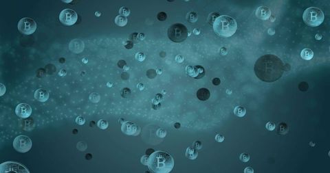 Floating bitcoin orbs with circuit pattern over digital node network in teal