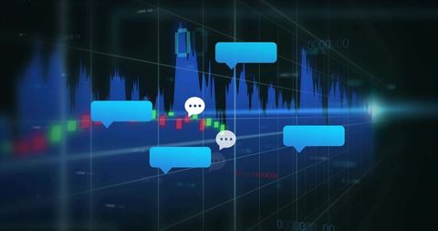 Displaying live candlestick chart with real-time chat bubbles and data visualization overlay