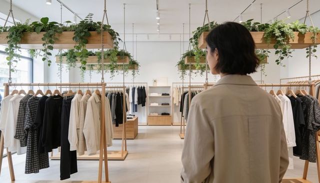 Woman browsing minimalist boutique with hanging wooden planters and neutral clothing