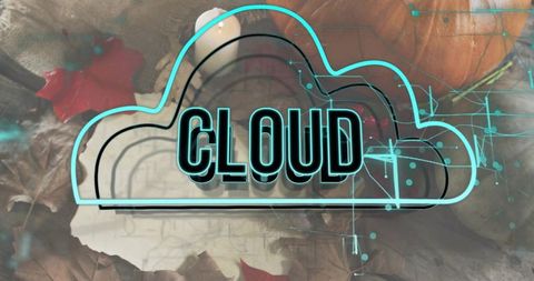 Neon cloud sign glowing over autumn table with pumpkin, dried leaves and tech overlay