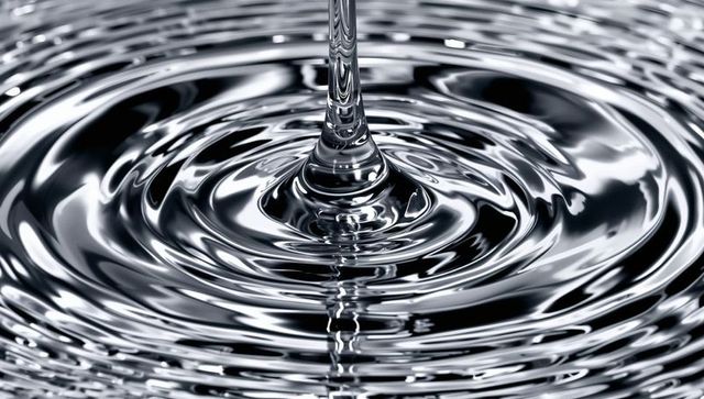Metallic water ripple rings with vertical droplet column macro closeup silver reflection