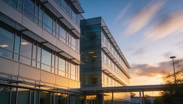 Sunset reflecting on modern glass office building with canopy and walkway