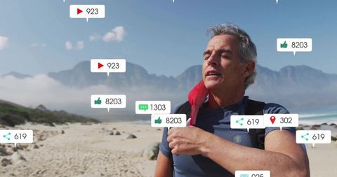 Mature hiker embracing nature surrounded by social media icons