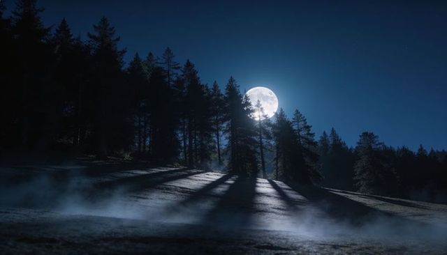 Full moon casting long shadows across moonlit conifer meadow with rolling mist
