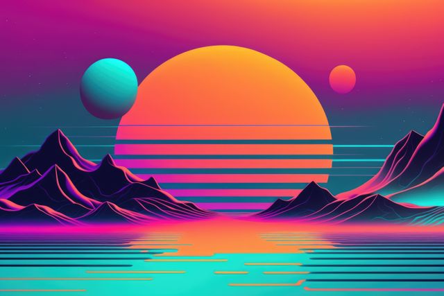 Vaporwave landscape with mountains, sea and sun, created using generative ai technology. Vaporwave background and colour concept digitally generated image.