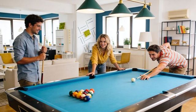 Friends playing pool in bright open-plan lounge, casual team recreation and social fun