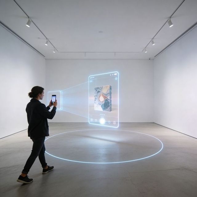 Man holding smartphone aligning with holographic art projection in minimalist gallery