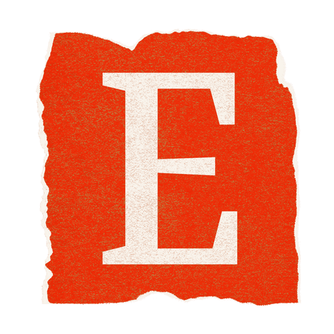 Distressed letter e on torn orange paper transparent background