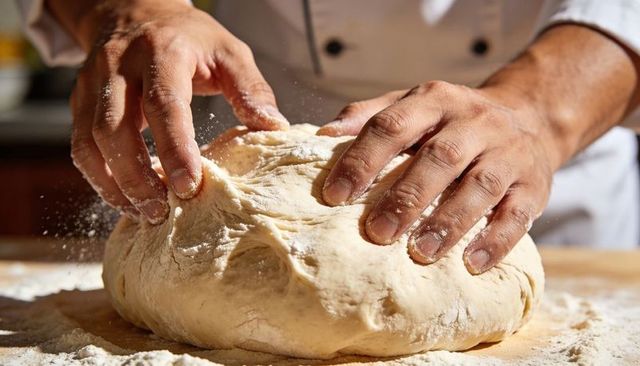 Artisan Baker Kneading Dough on Floured Countertop Closeup Hands Shaping Bread