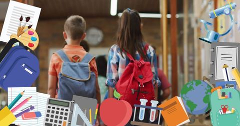 Schoolchildren walking in hall with educational icons overlay