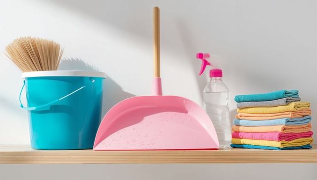 Pastel cleaning kit on light wood shelf featuring pink dustpan with water droplets