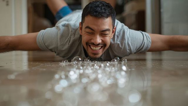 Young man smiling while blowing bubbles on hardwood floor, playful relaxed indoor moment