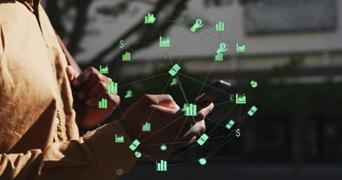 Man Navigating Digital Business Network with Smartphone Technology