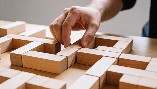 Hand arranging wooden blocks into geometric pattern, crafting precision and mindful focus