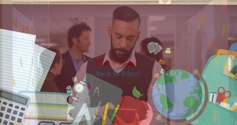 Businessman In Office Surrounded By School Icons