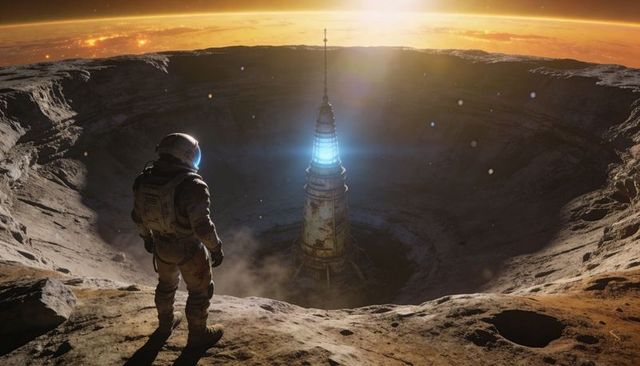 Astronaut standing on crater rim observing ancient beacon tower at alien sunrise