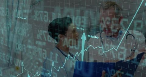 Doctors reviewing rising clinical metrics with interactive data overlay in hospital