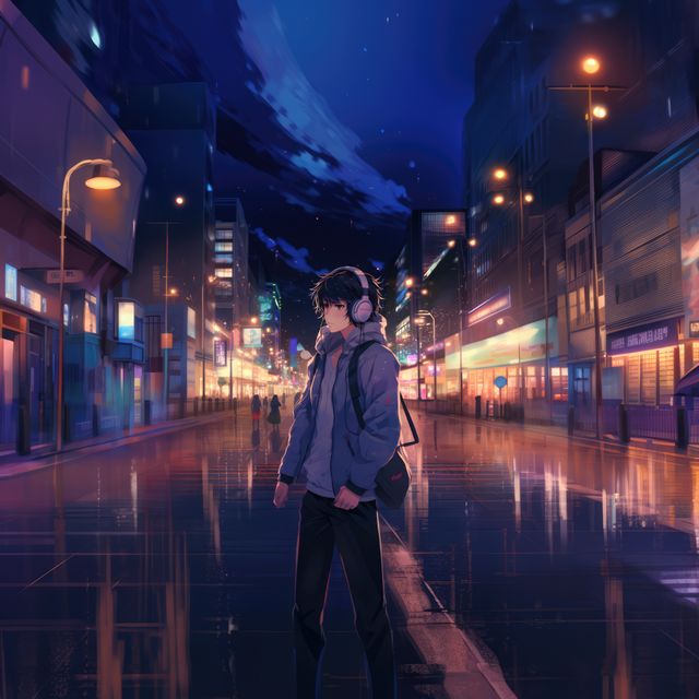 Digital art depicting a nighttime urban street scene with a man wearing headphones standing alone. The vibrant neon lights and reflections on the wet pavement create a moody atmosphere. Ideal for themes related to solitude, urban life, nightlife, personal reflection, and digital artwork.