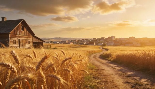 Golden wheat field with weathered barn and winding dirt road toward town skyline at sunset