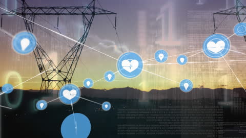 Digital Network Overlay on Electricity Pylons at Sunset