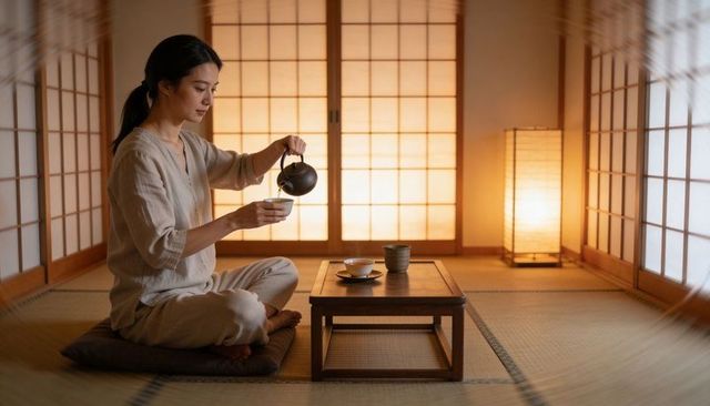 Pouring tea in minimalist tatami room during tranquil tea ritual, zen lifestyle imagery