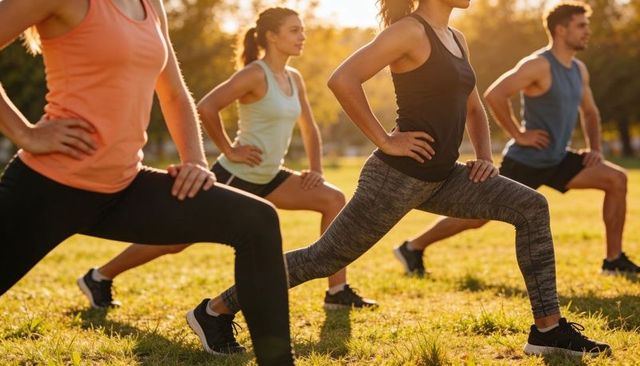 Group performing forward lunges at sunset park fitness class outdoor workout