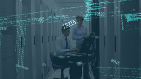 Team Analyzing Data in Server Room with Digital Interface Overlay
