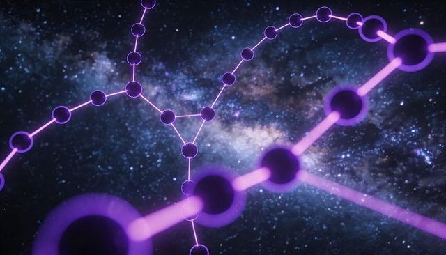 Glowing purple neural network curving through cosmic nebula futuristic data visualization