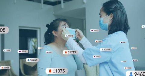 Homecare nurse adjusting mask on patient with social media notification overlays
