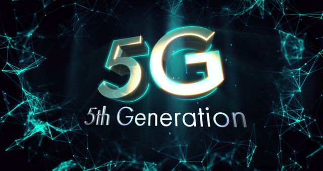 This conceptual digital illustration features the 5G text prominently showcased over a network of sleek, glowing connections. Representing the latest in wireless communication technology, it visually captures the essence of next-generation connectivity. Ideal for use in technology blogs, telecommunications promotional materials, or educational presentations about cutting-edge mobile network developments.