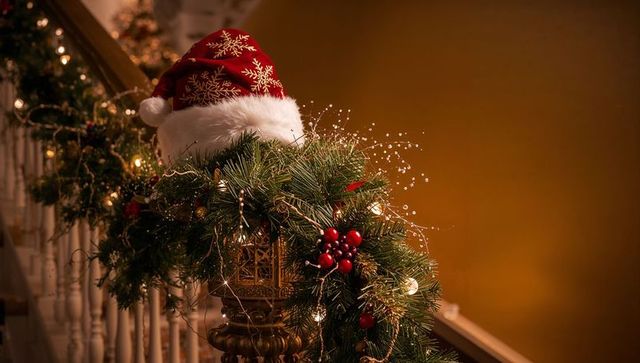 Festive Staircase Garland with Santa Hat, Pine Berries and Warm Twinkle Lights