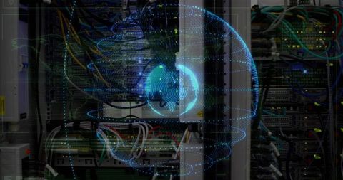 Holographic globe hovering over server racks in data center with neon blue network wiring