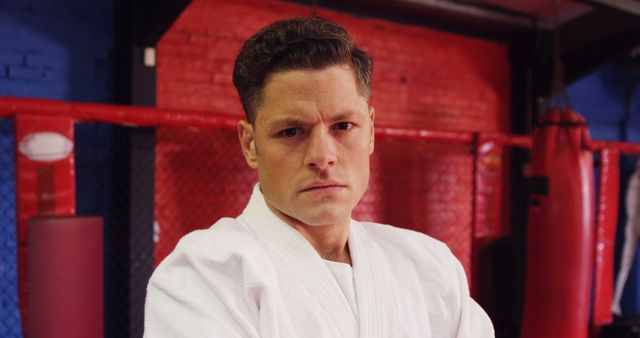 Male martial artist showing determination while wearing a white gi at modern training facility. Image ideal for businesses dealing with martial arts training, fitness coaching, or sports equipment. Also suitable for motivational content, combat sports promotions, and professional athlete portfolios.
