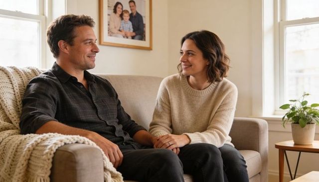 Couple holding hands on cozy sofa showing engagement ring, warm home moment