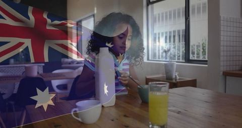 Young Girl Savoring Breakfast, Blended with Australian Flag