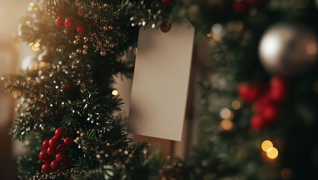 Festive Blank Gift Tag on Christmas Wreath with Lights