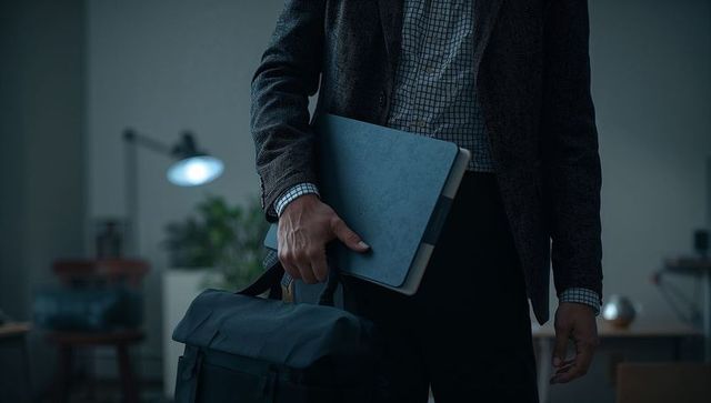 Carrying laptop folio and backpack near desk lamp, professional commuting to workspace