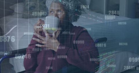 Elderly Woman in Wheelchair Embracing Wellness with Technology by Her Side