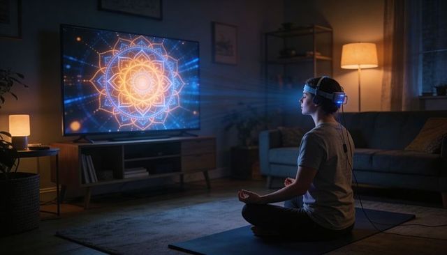 Woman meditating with neurofeedback headset watching digital mandala projection at home