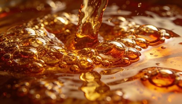 Pouring golden syrup honey caramel forming glossy bubble clusters macro