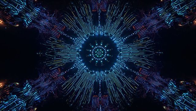 Radiating neon circuit mandala in futuristic virtual realm